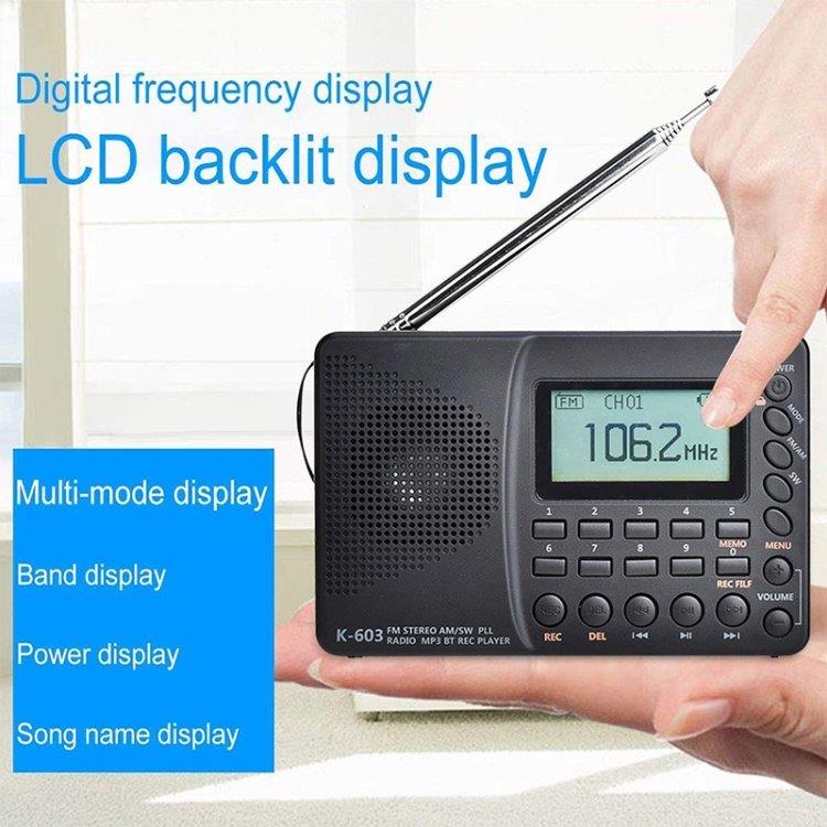 K-603 Portabel FM / AM / SW Stereo Radio med Bluetooth og TF kort, svart