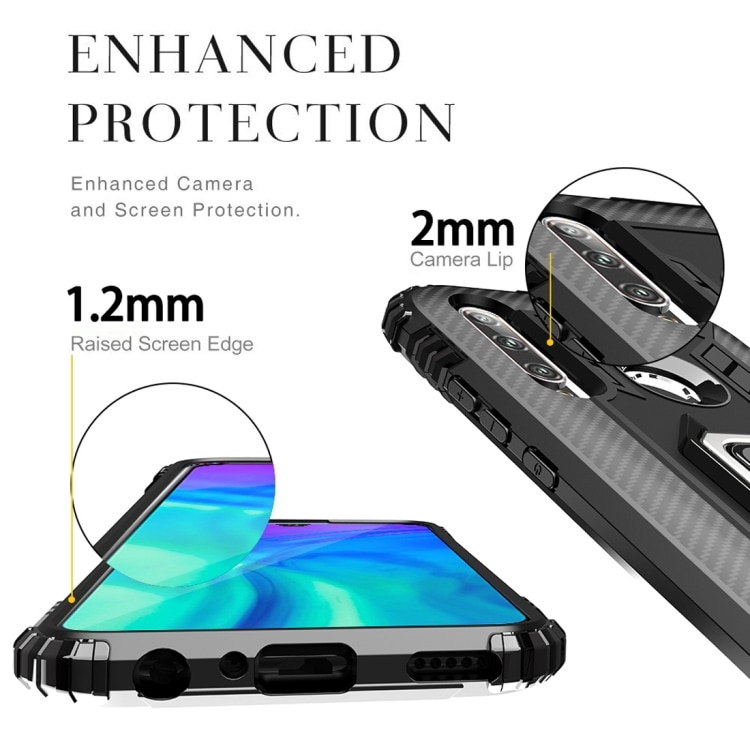 Shockproof Carbon Fiber deksel med ringholder Huawei Honor 10i / 20i, Svart