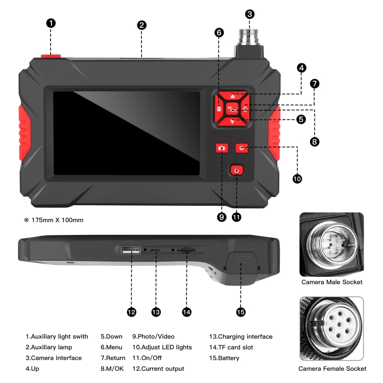 Vanntett inspeksjonskamera dual camera med 4.3" display 3m