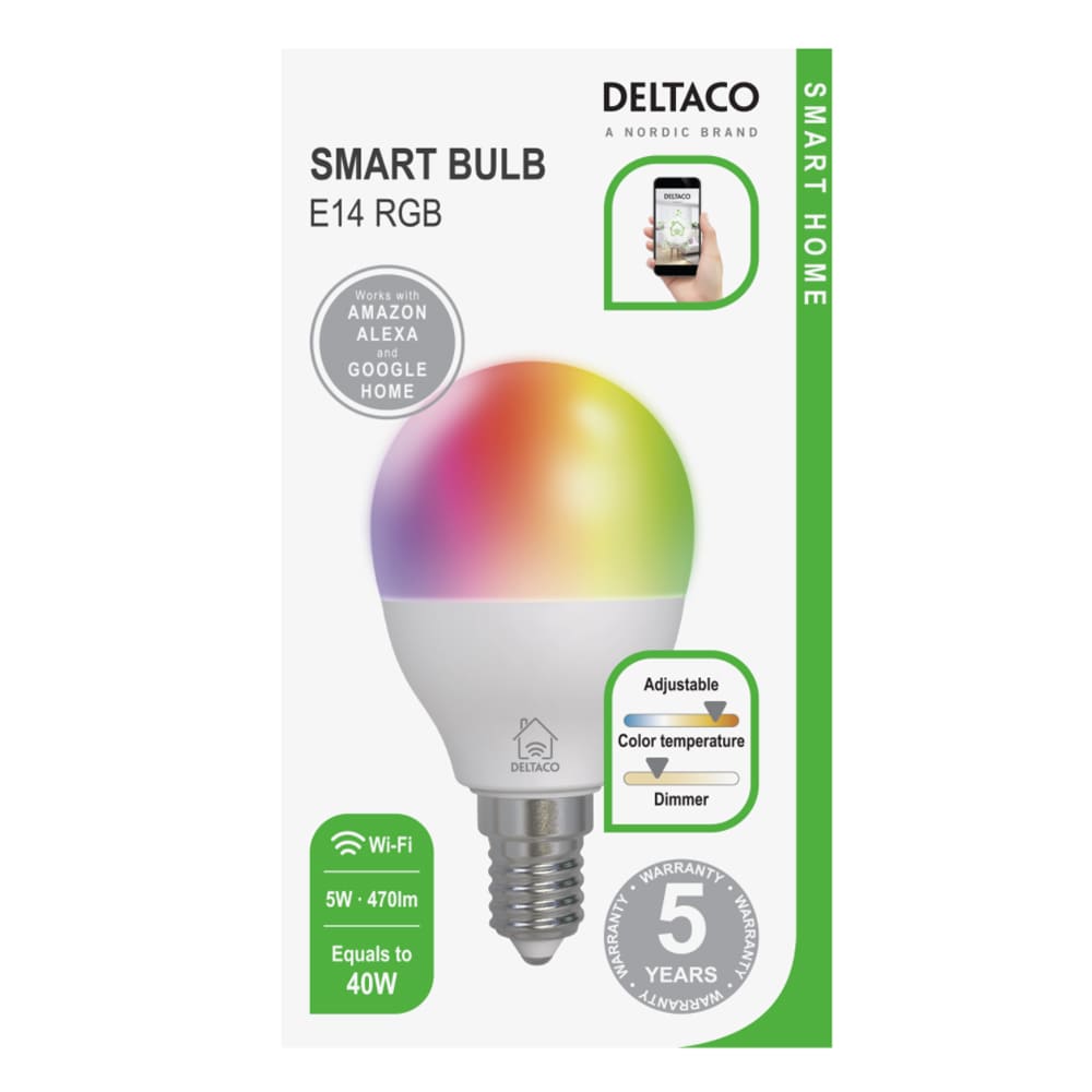 Deltaco Smart Home LED-lyspære, E14, WiFI, dimmebar RGB