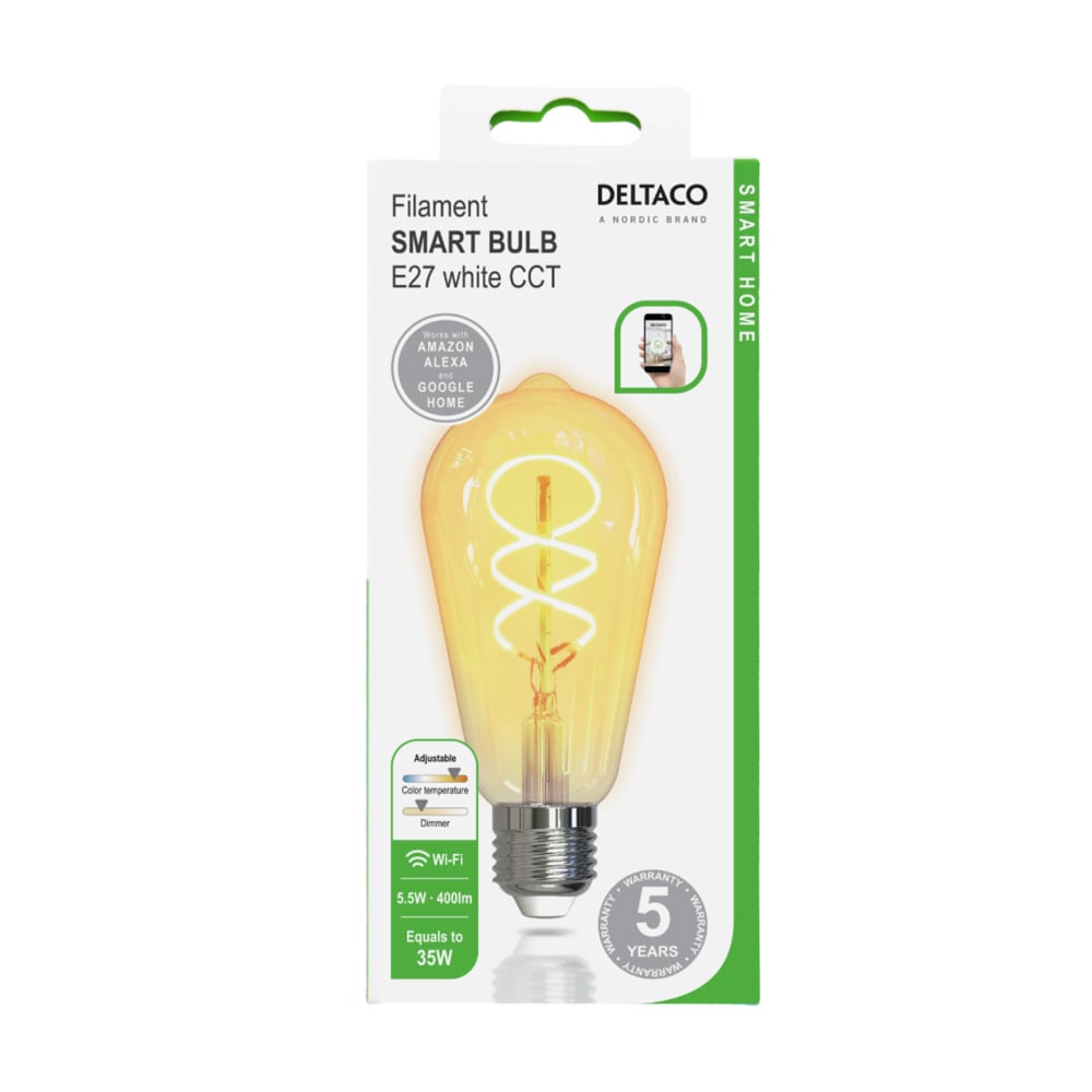 Deltaco Smart Home FILAMENT LED-lyspære, E27, WiFI, 5.5W