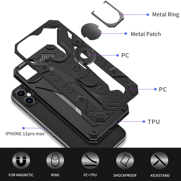 Iron Knight beskyttelsedeksel med roterende støtte til iPhone 12 Pro Max - Svart