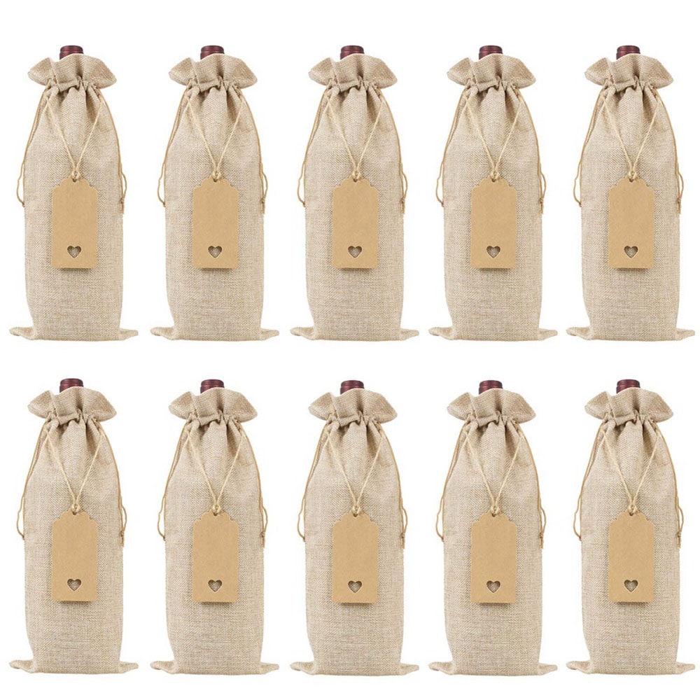 10st etiketter med bånd og stoffpose til flasker