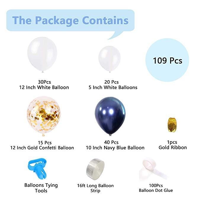 Ballongsett med 105 ballonger Blå, Hvit & Gull