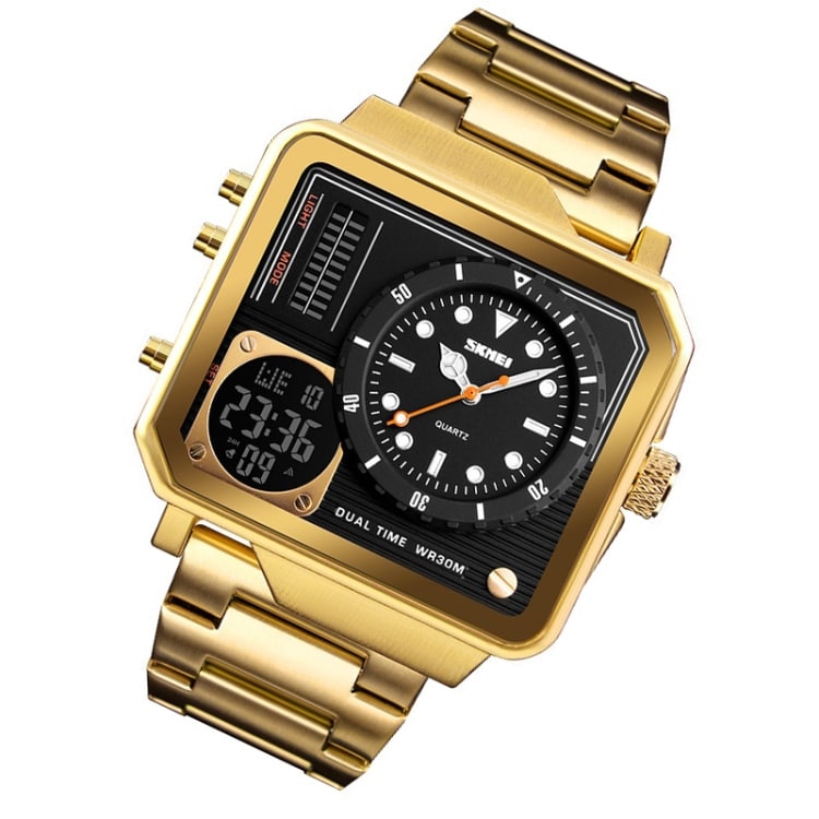 Armbåndsur med digital og analog klokke - Gullfarget