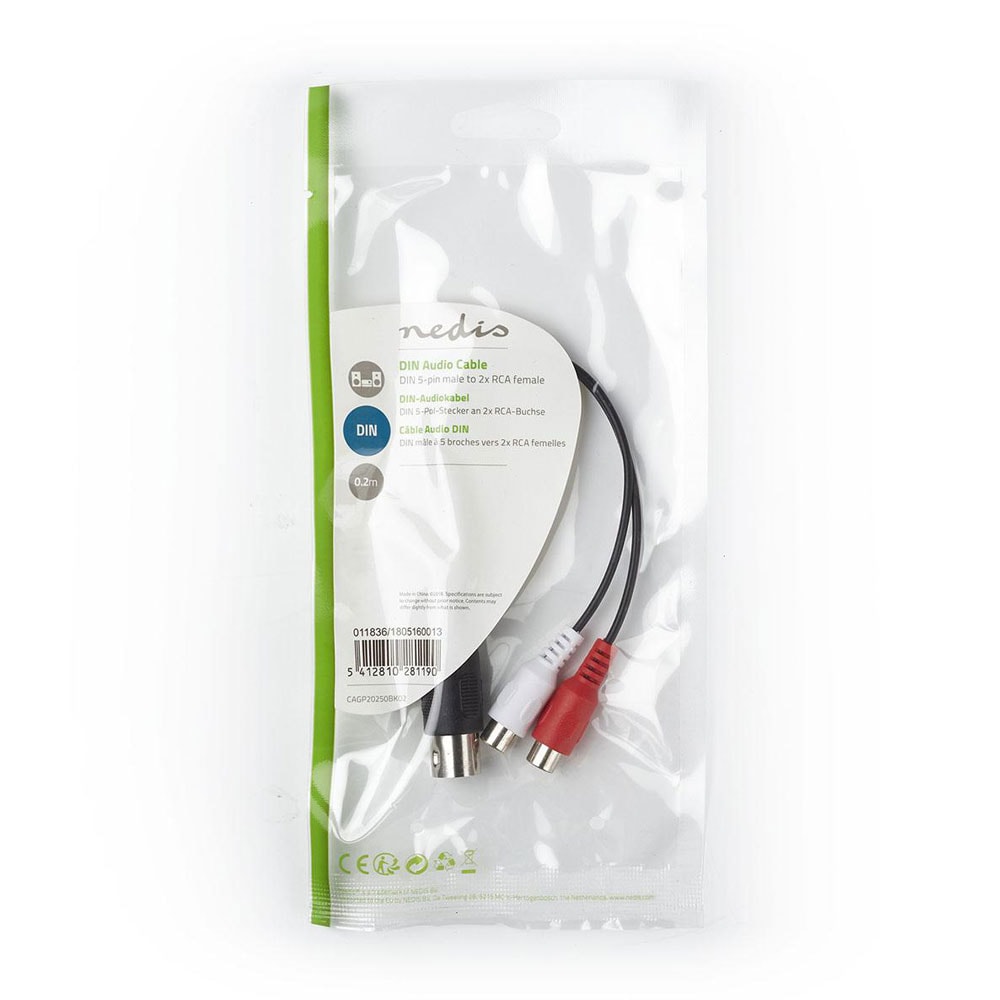 DIN 5-pinners lydkabel 20 cm - 2x RCA hunn