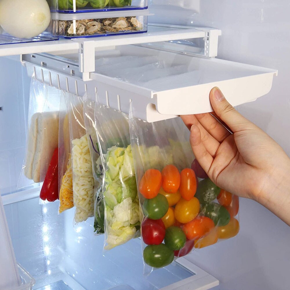 Uttrekkbar kjøleskaphylle for poser