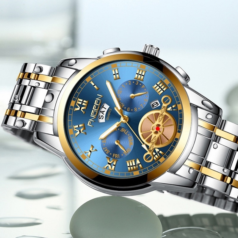 Armbåndsur med selvlysende visere - Sølvfarget armbånd med sølvfarget ramme og blå bakgrunn