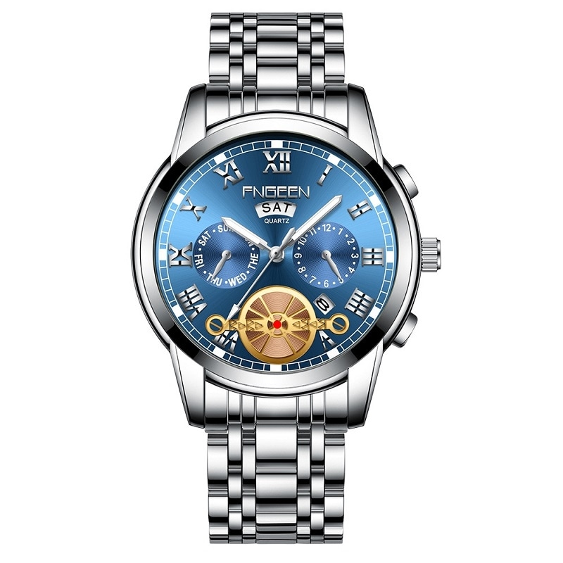 Armbåndsur med selvlysende visere - Sølvfarget armbånd med sølvfarget ramme og blå bakgrunn