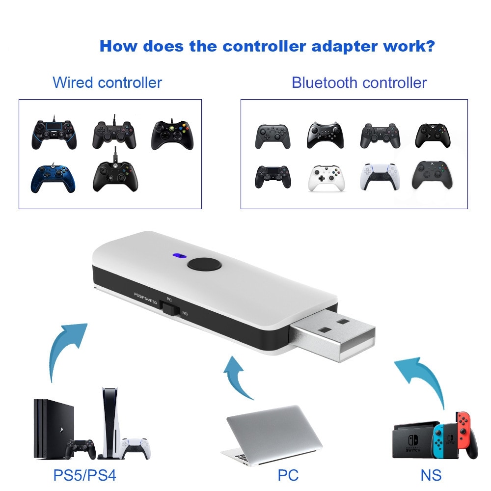 Bluetooth-adapter til PS5 / PS4 / Switch / PS3 / PC for håndkontroll