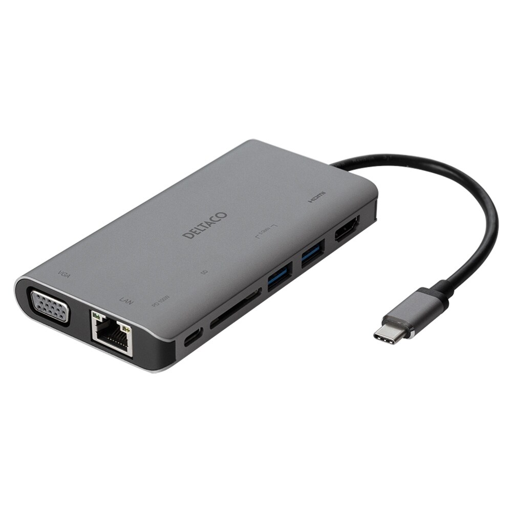 Deltaco USB-C til HDMI/VGA/USB/RJ45/SD-adapter