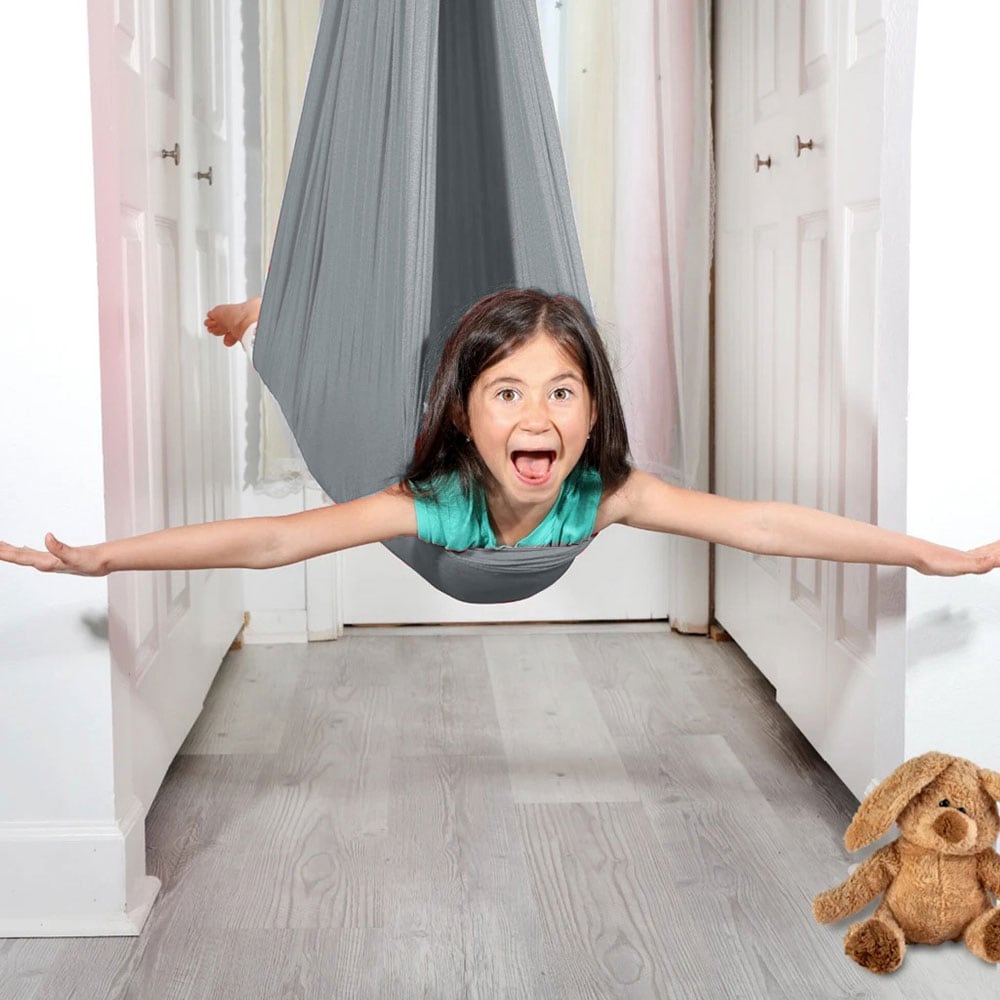 Elastisk hammock i nylon 150×280 cm / liten hengekøye for inne- og utebruk – Grå