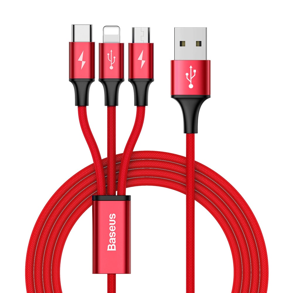 Baseus 3i1 Rapid USB-kabel 3A 1,2m Rød