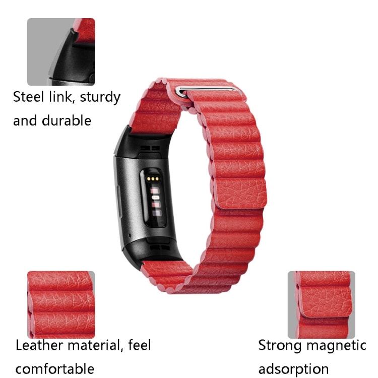 Rødt skinnarmbånd for Fitbit Charge 3/4 - large
