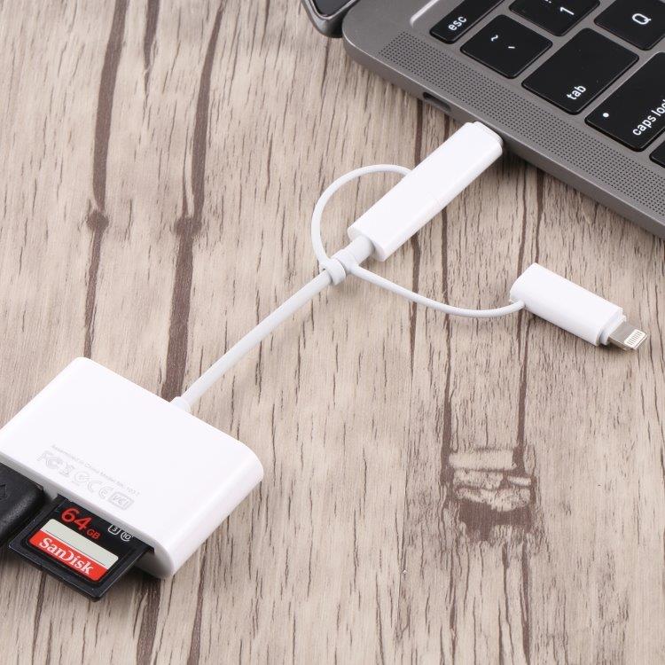 Minnekortsleser med USB-C, Micro-USB og lightning