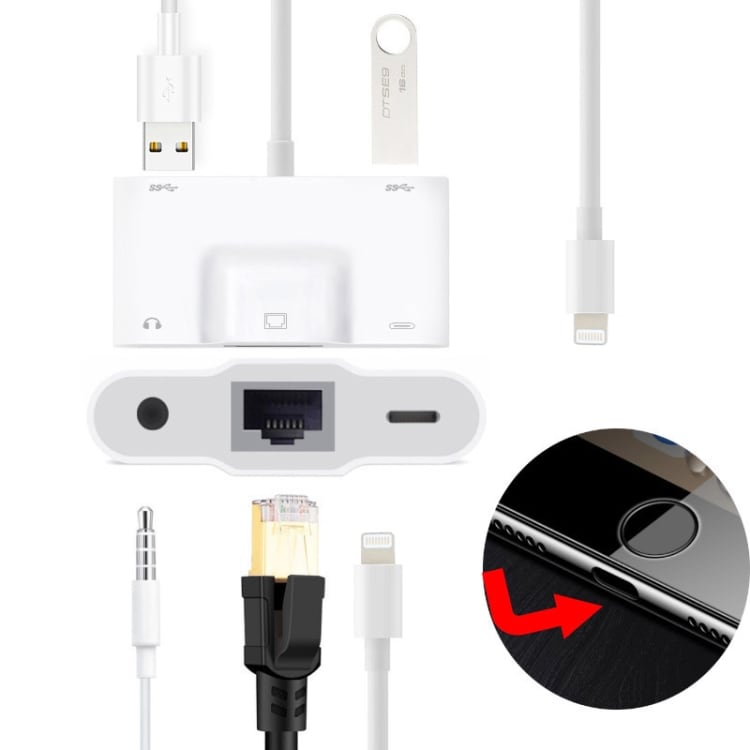 iPhone adapter til Dual USB + 3.5mm AUX + Ethernet