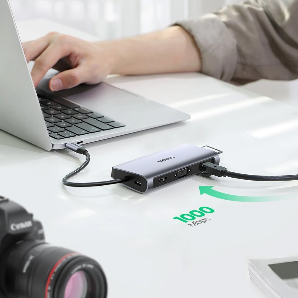 USB Type-C Hub med kortleser, VGA, Ethernet og HDMI-port