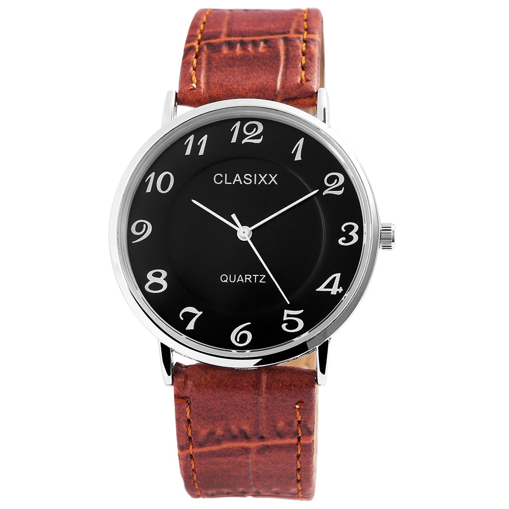 Clasixx Herreklokke med armbånd i skinnimitasjon, sort urskive / brunt armbånd