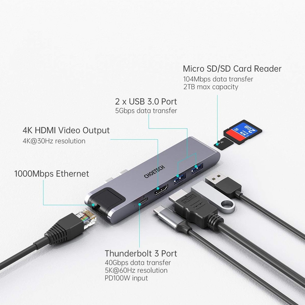 Choetech 7 i 1 USB-C Adapter til Macbook Pro (2017) (2018) Air (2018) (2020)