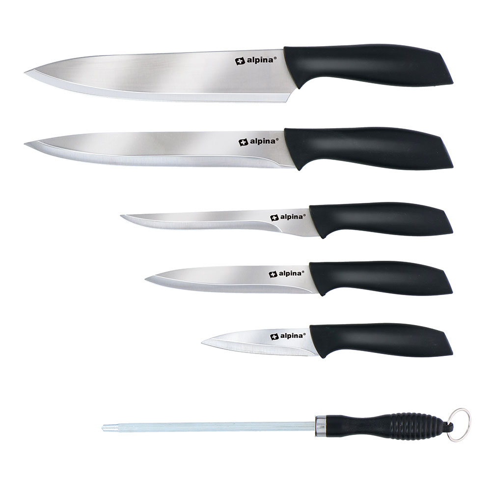 Alpina Knivsett med 5 kniver, knivsliper og 2 skjærebrett