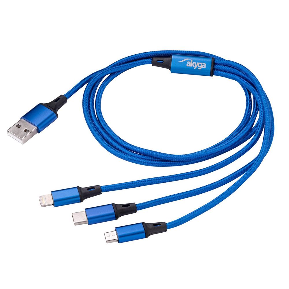 Akyga Laddningskabel USB-A - Micro-USB+USB-C+Lightning 1,2m - Blå