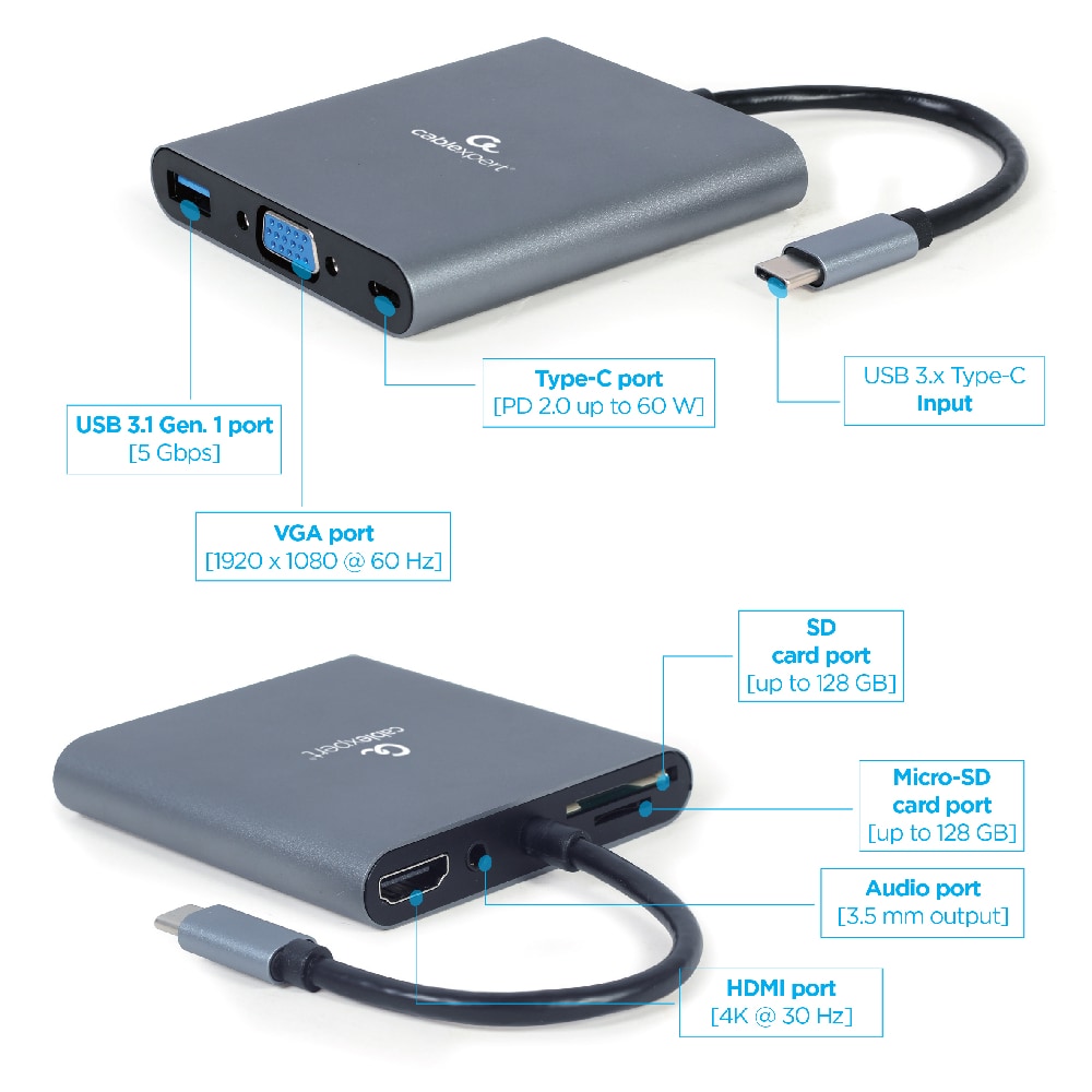 Cablexpert USB-C Dokkingstasjon 6-i-1 med USB, HDMI, VGA, Micro-SD/SD, PD, 3.5mm