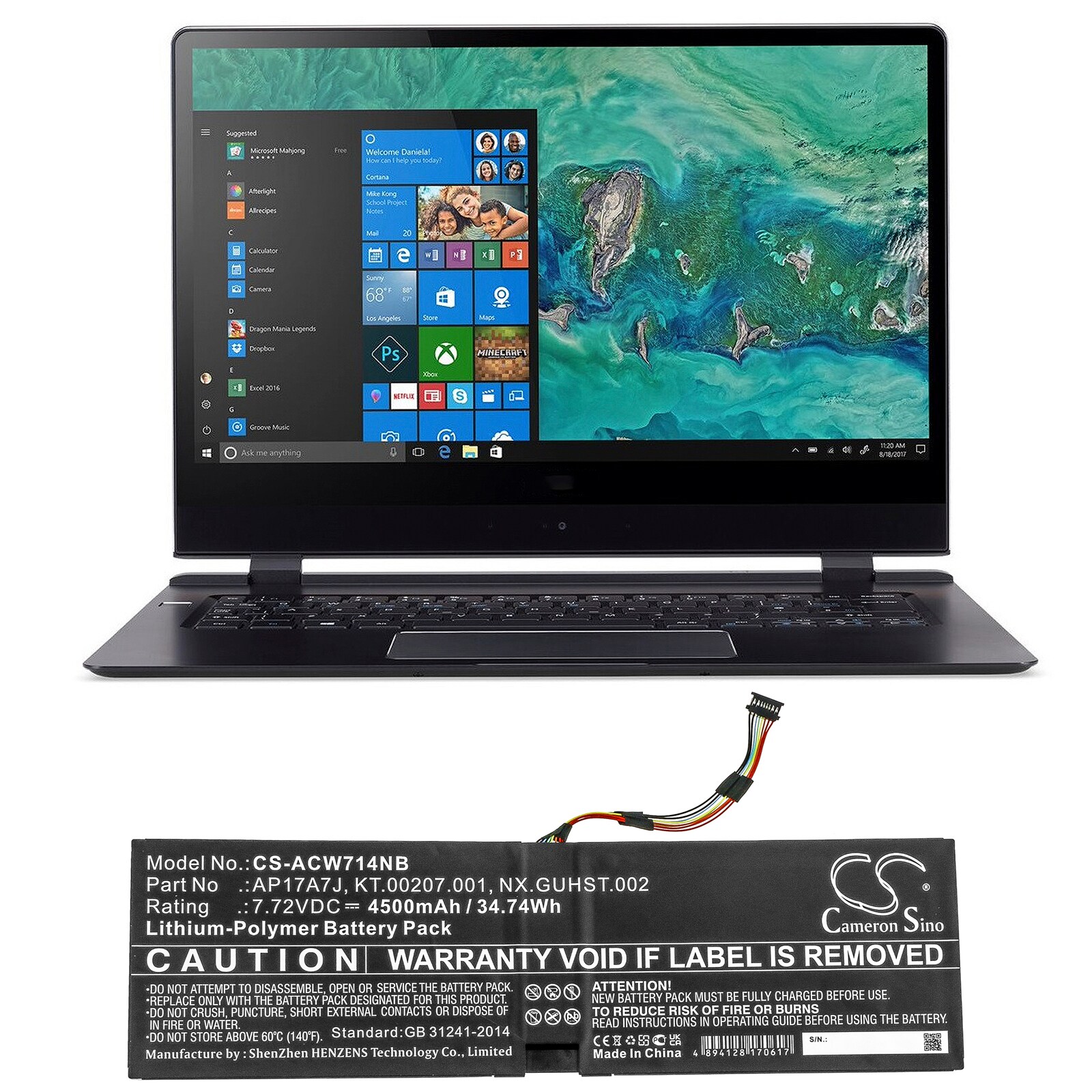 Batteri til bærbar PC for Acer Swift 7 SF714-51T-M1F6 og andre