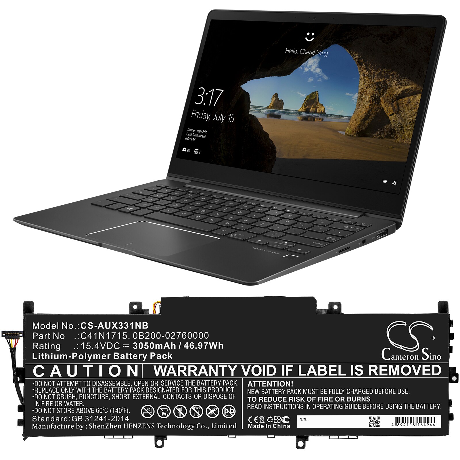 Batteri til bærbar PC for Asus UX331UAL-1D, Zenbook UX331UN-EG080T og andre.
