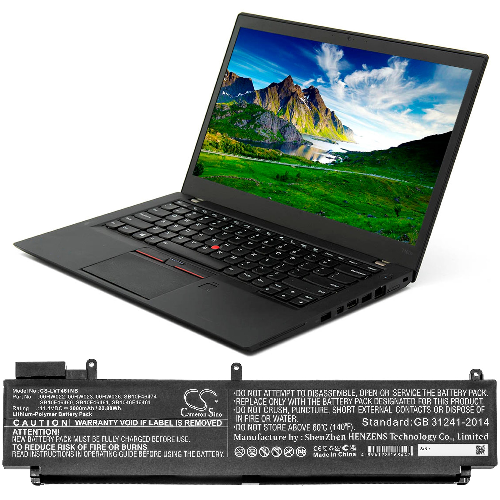 Batteri til bærbar PC for Lenovo ThinkPad T460s (20F9002YCD), T460s-2RCD og andre.