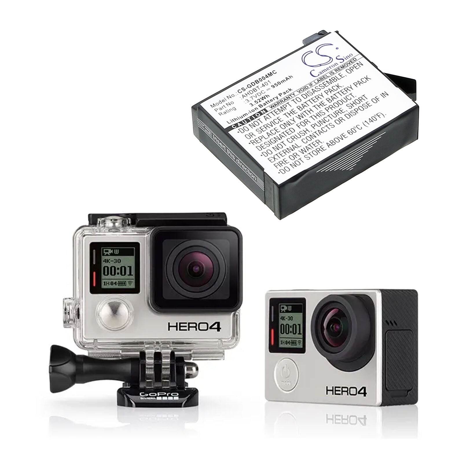 Batteri for kamera for GoPro Hero 4, Hero 4 Silver, Hero 4 Black og andre.
