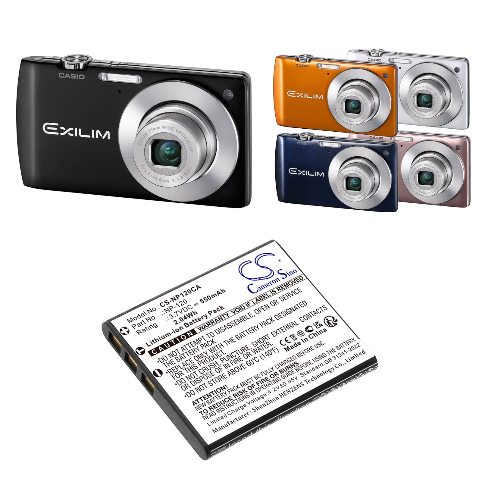 Batteri til kamera for Casio Exilim EX-S200, Exilim EX-S200BE, Exilim EX-S200BK osv.