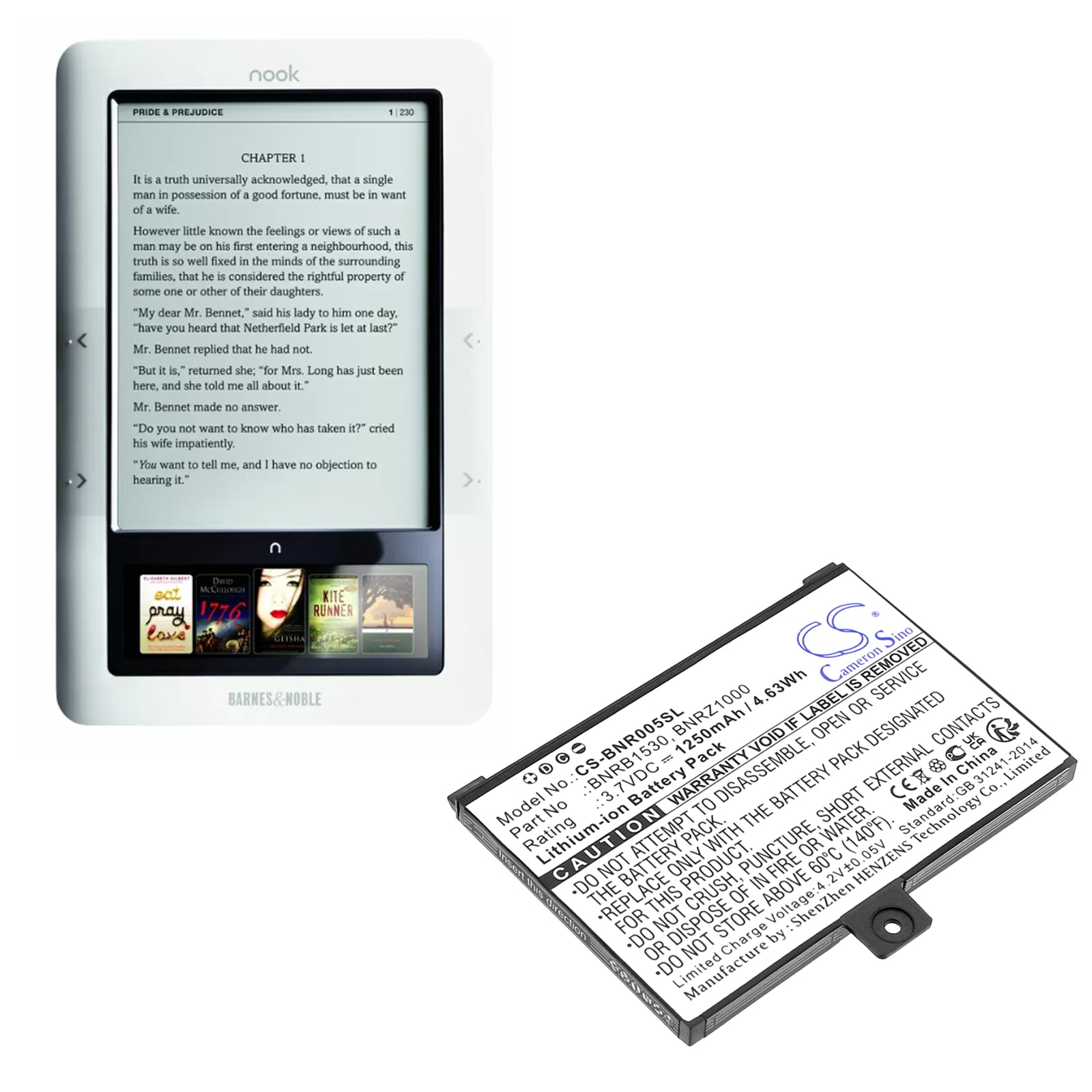Batteri for e-bok, e-leser for Barnes & Noble 005, nook, BNRZ100 etc.