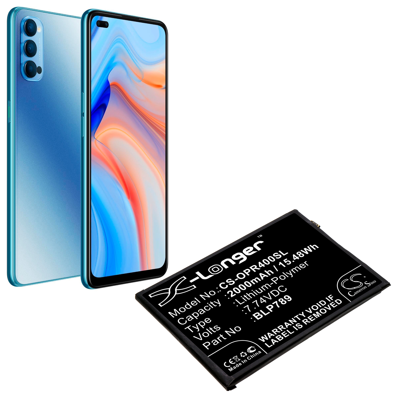 Batteri for SmartPhone, Mobil for OPPO Reno 4 5G, PDPM00, PDPT00 og andre.