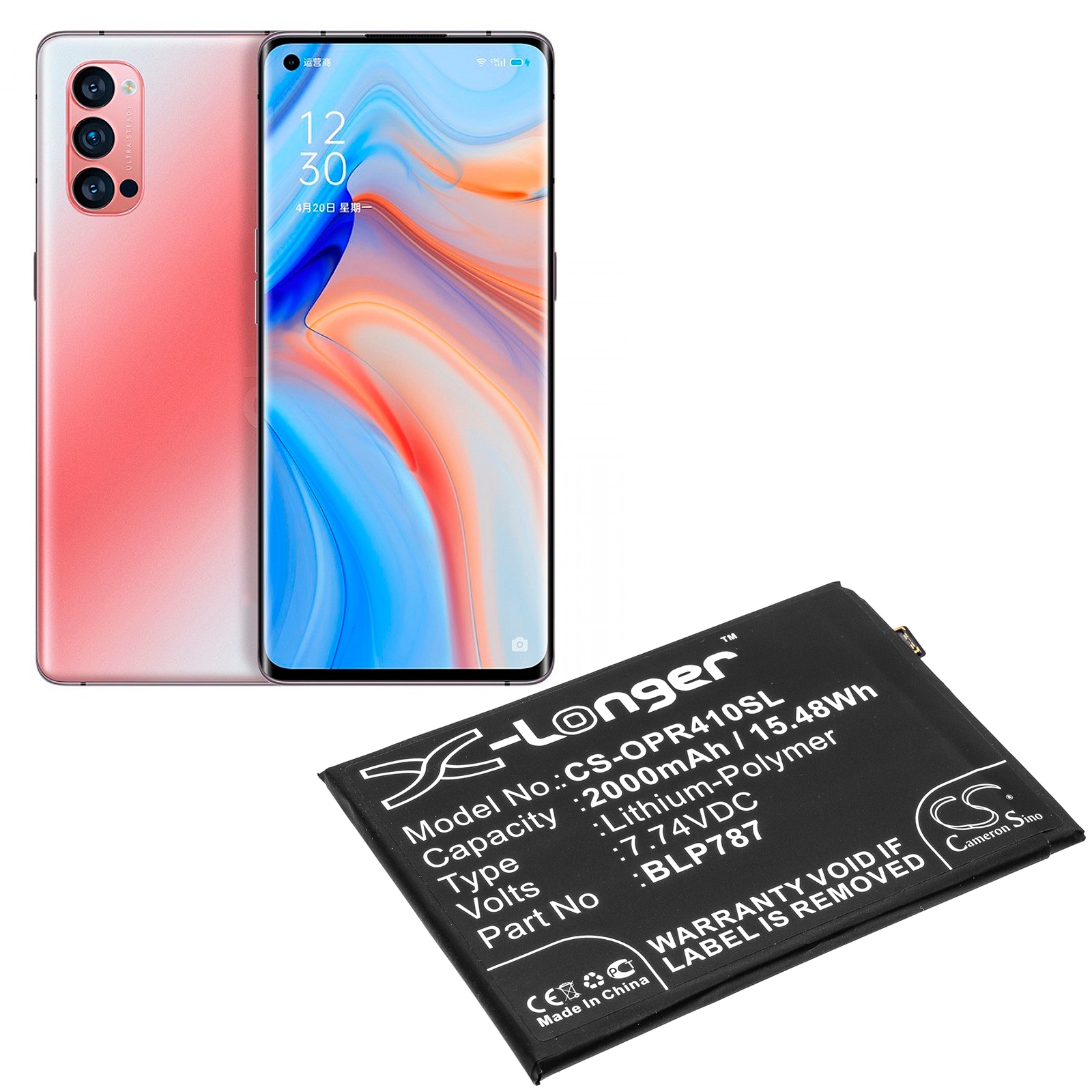 Batteri for smarttelefon, mobil for OPPO Reno4 Pro 4G, CPH2109