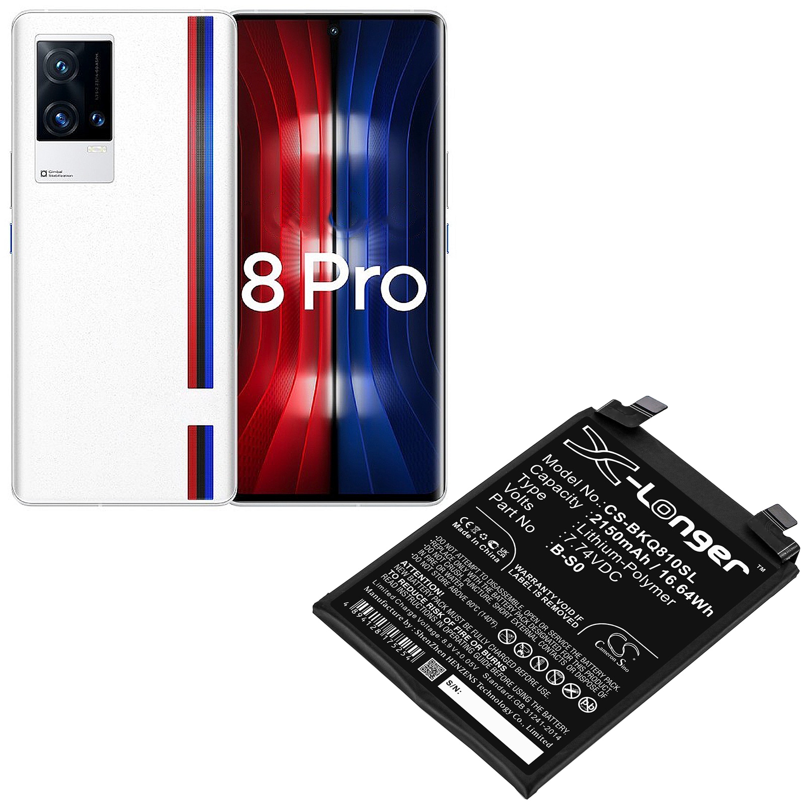 Batteri for smarttelefon, mobil for VIVO IQOO 8 Pro, V2141A