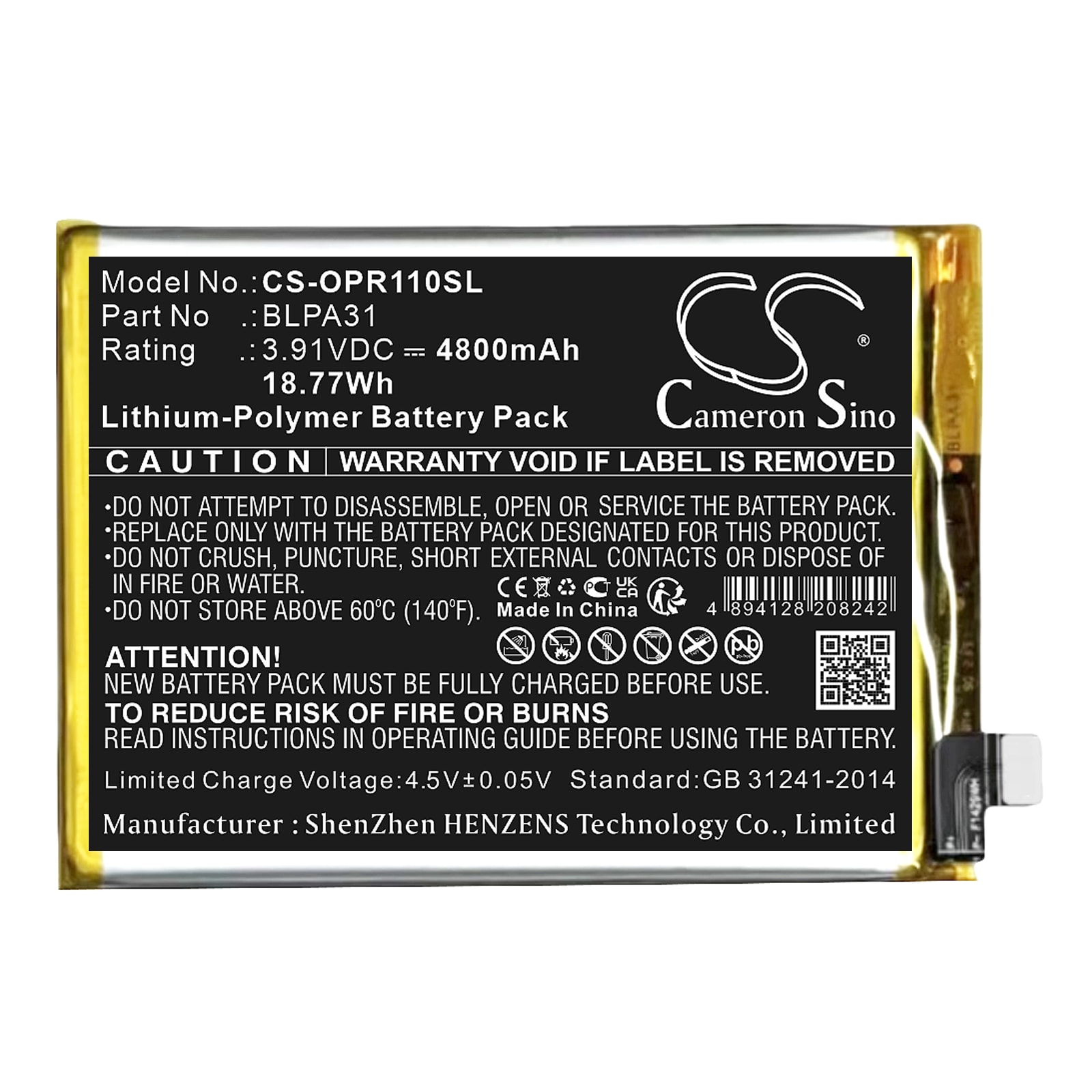 Batteri for smarttelefon, mobil for OPPO Reno 11, Reno 11 5G, CPH2599