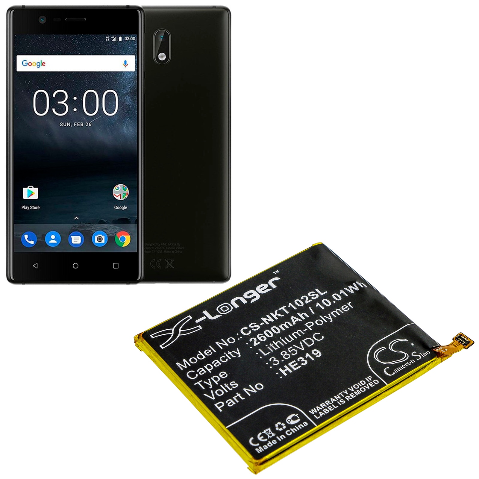 Batteri for SmartPhone, Mobil for Nokia Nokia 3, TA-1020, TA-1028 og andre.