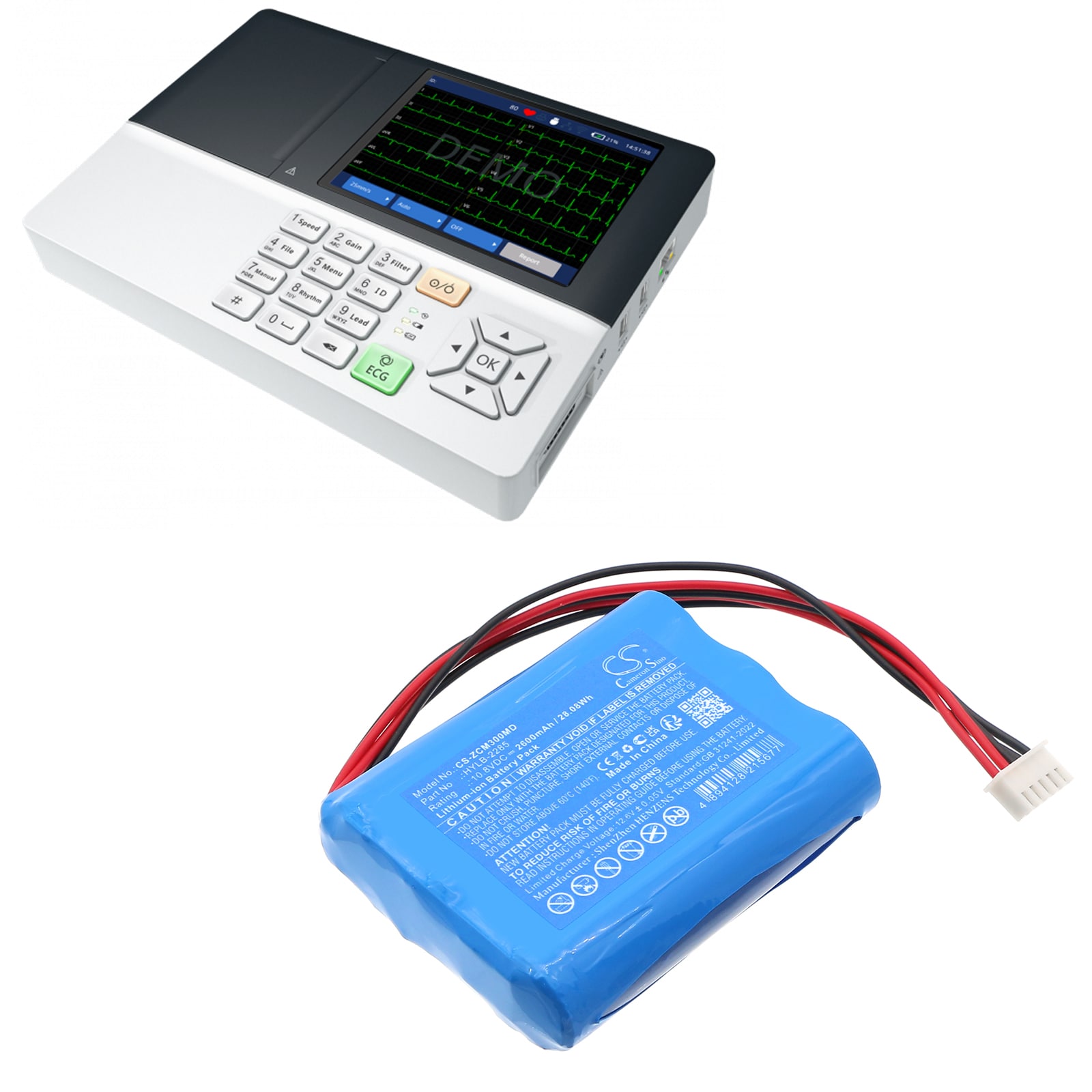 Batteri for medisinsk for Zoncare EKG EKG-monitor, P-2273, iMAC 300
