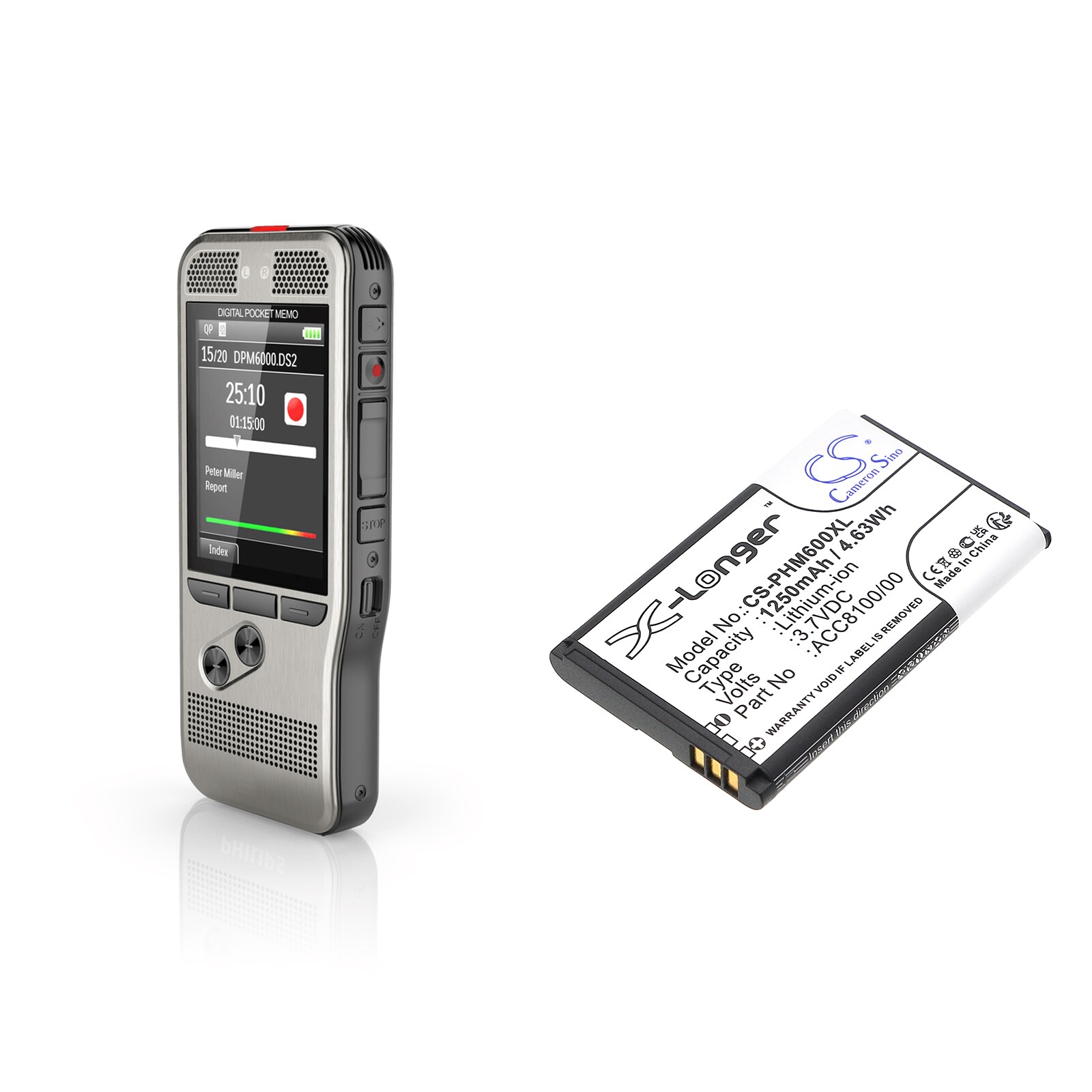 Batteri for opptaker for Philips Pocket Memo DPM6000, Pocket Memo DPM7000 og andre.
