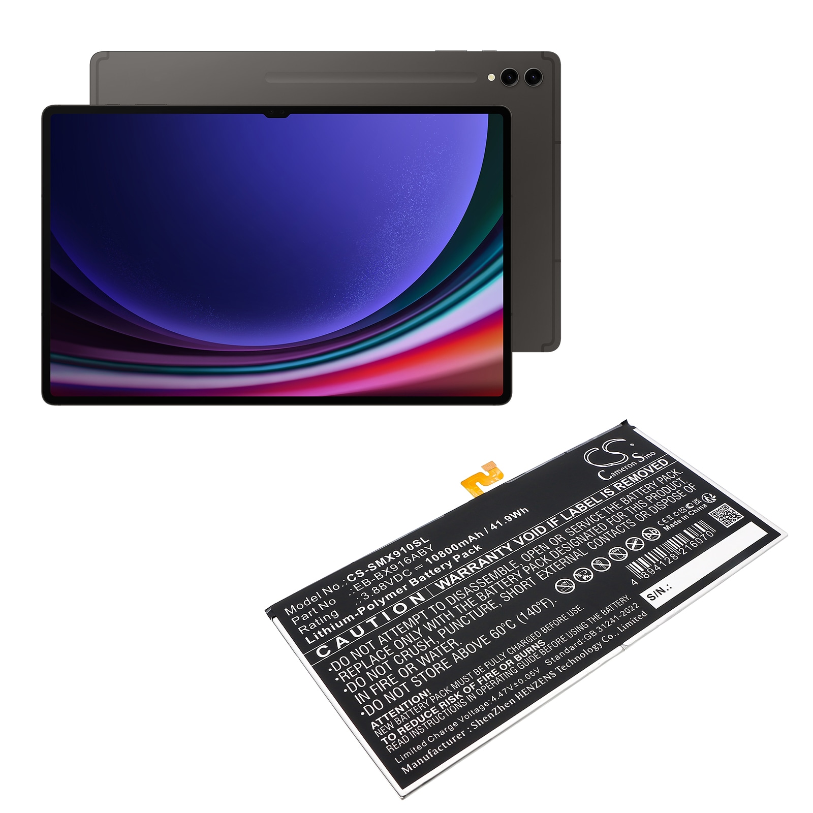 Batteri til nettbrett for Samsung Galaxy Tab S9 Ultra, SM-X910, SM-X910N og andre.