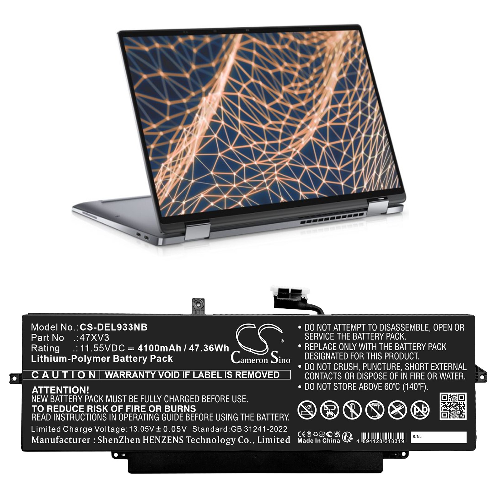 Batteri til bærbar PC for DELL Latitude 9330, Latitude 9330 2-i-1 og andre.