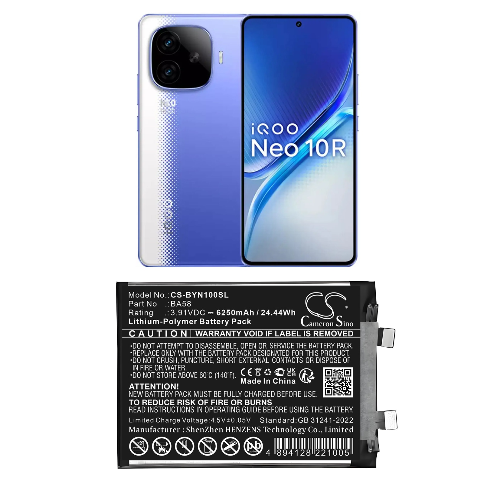 Batteri for smarttelefon, mobil for VIVO I2221, iQOO Neo 10R 5G, iQOO Neo10 R