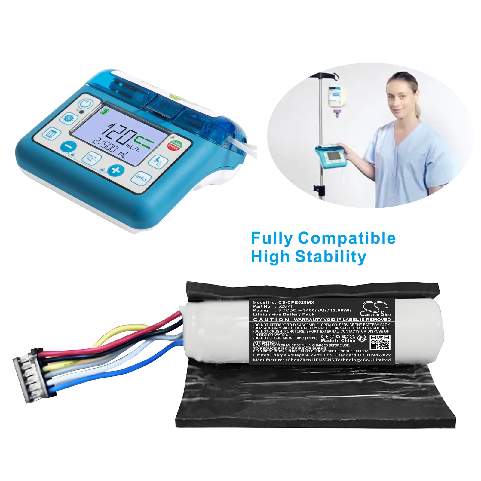 Batteri for medisinsk bruk til Compat Ella 12272020, ernæringspumpe, 12272020 etc.