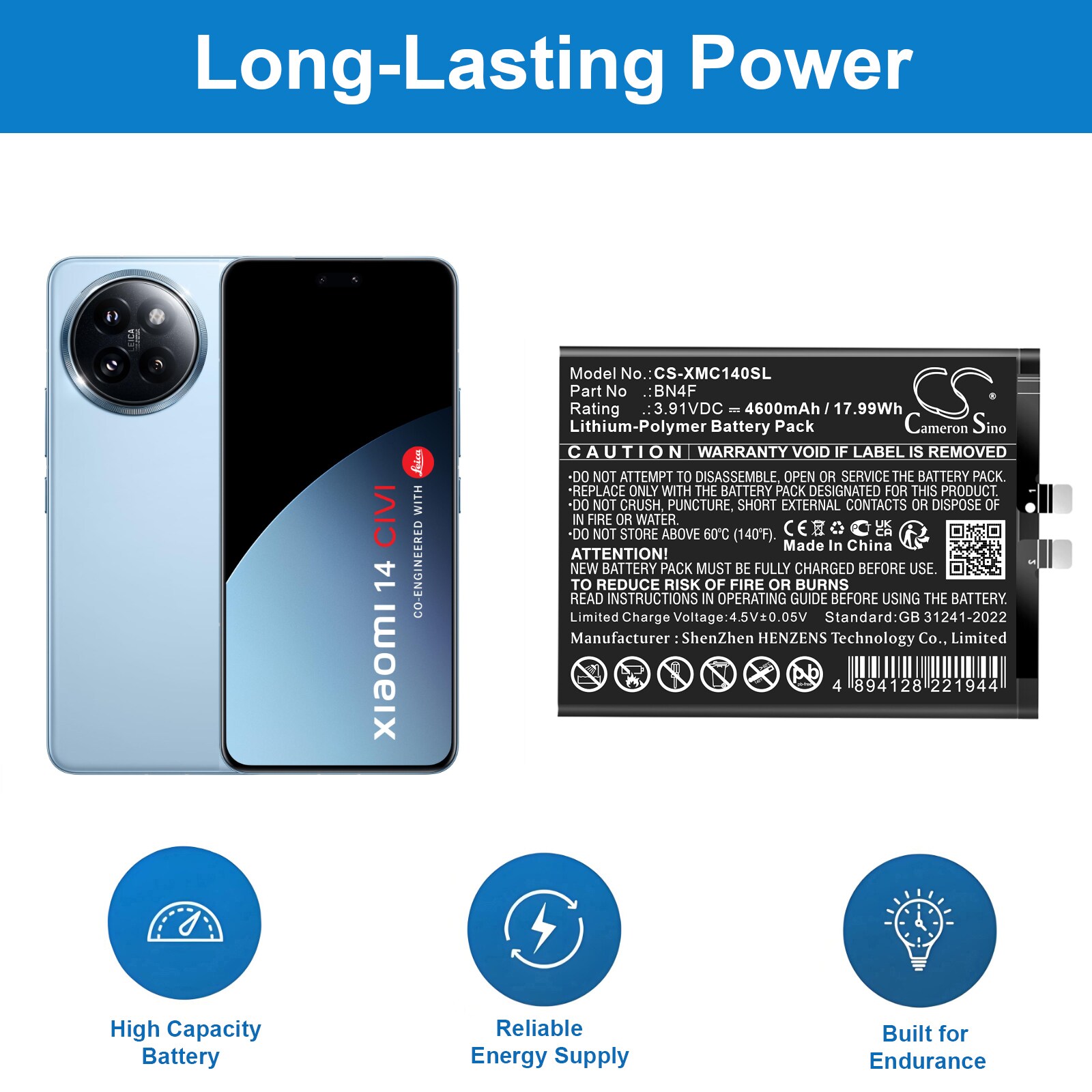 Batteri for SmartPhone, Mobil for Xiaomi 14 CIVI, 24053PY09C, 24053PY09I og andre.