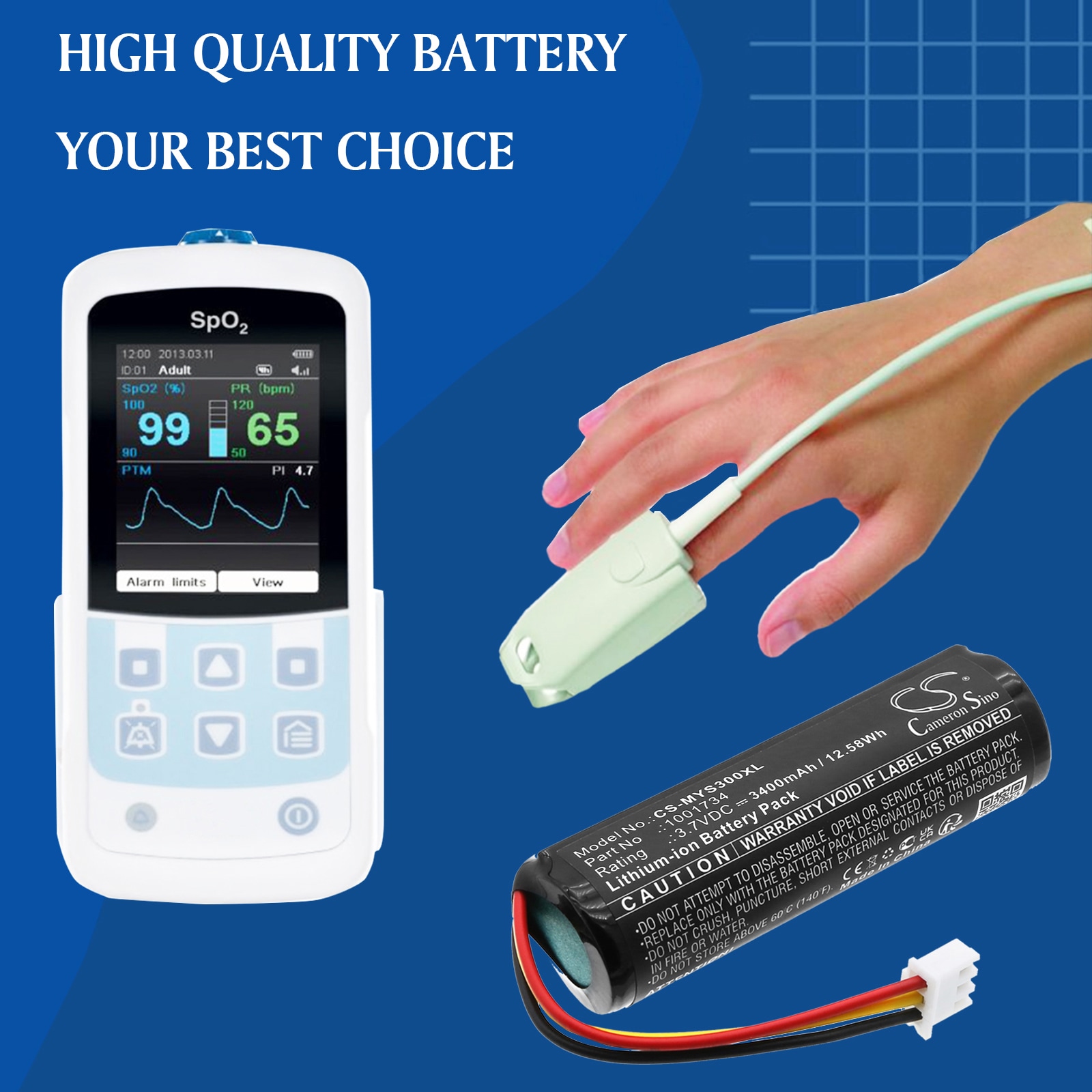 Batteri for medisinsk bruk for Envitec 1001844, MySign O O2-måler, MySign S