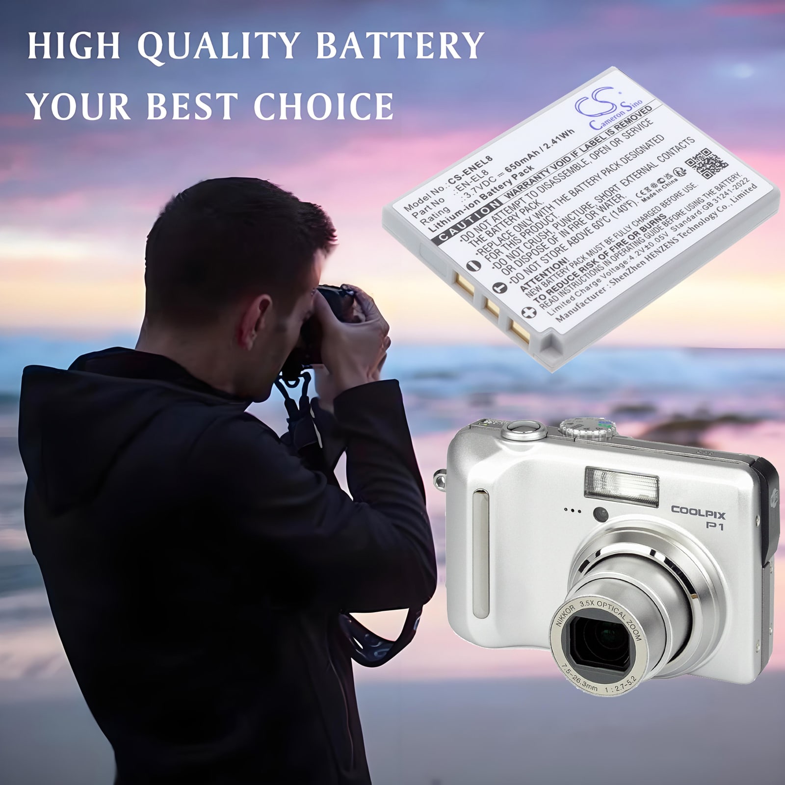 Batteri til kamera for NIKON Coolpix P1, Coolpix P2, Coolpix S1 osv.