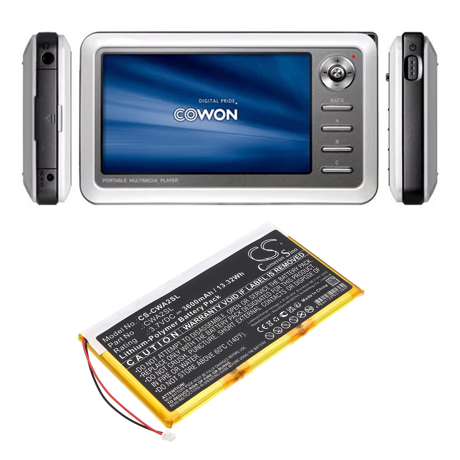 Batteri for mediespiller for Cowon PMP A2 20 GB, PMP A2 30 GB, PMP A3 60 GB osv.