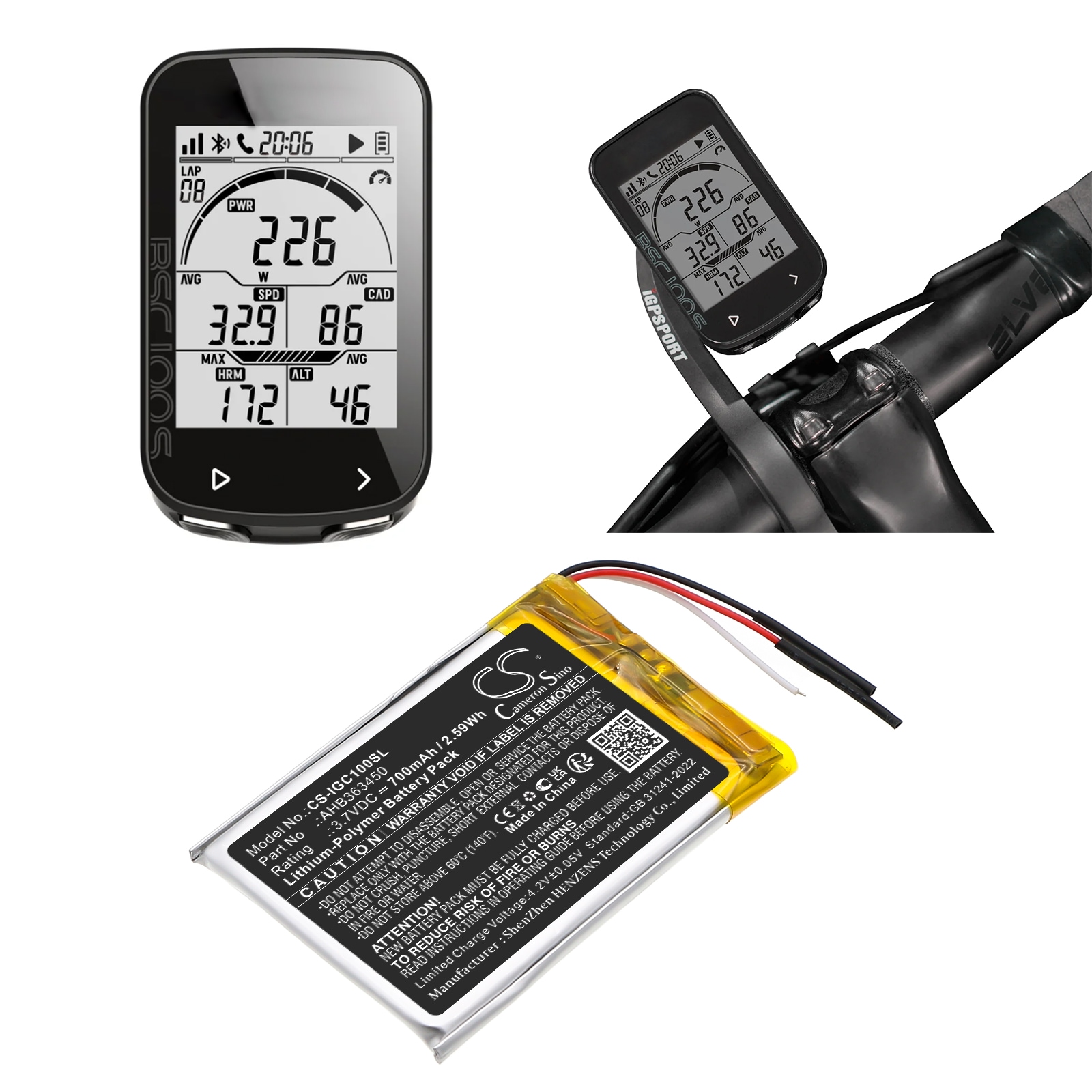 Batteri til GPS, navigasjonssystem for iGpsport BSC100, BSC100S