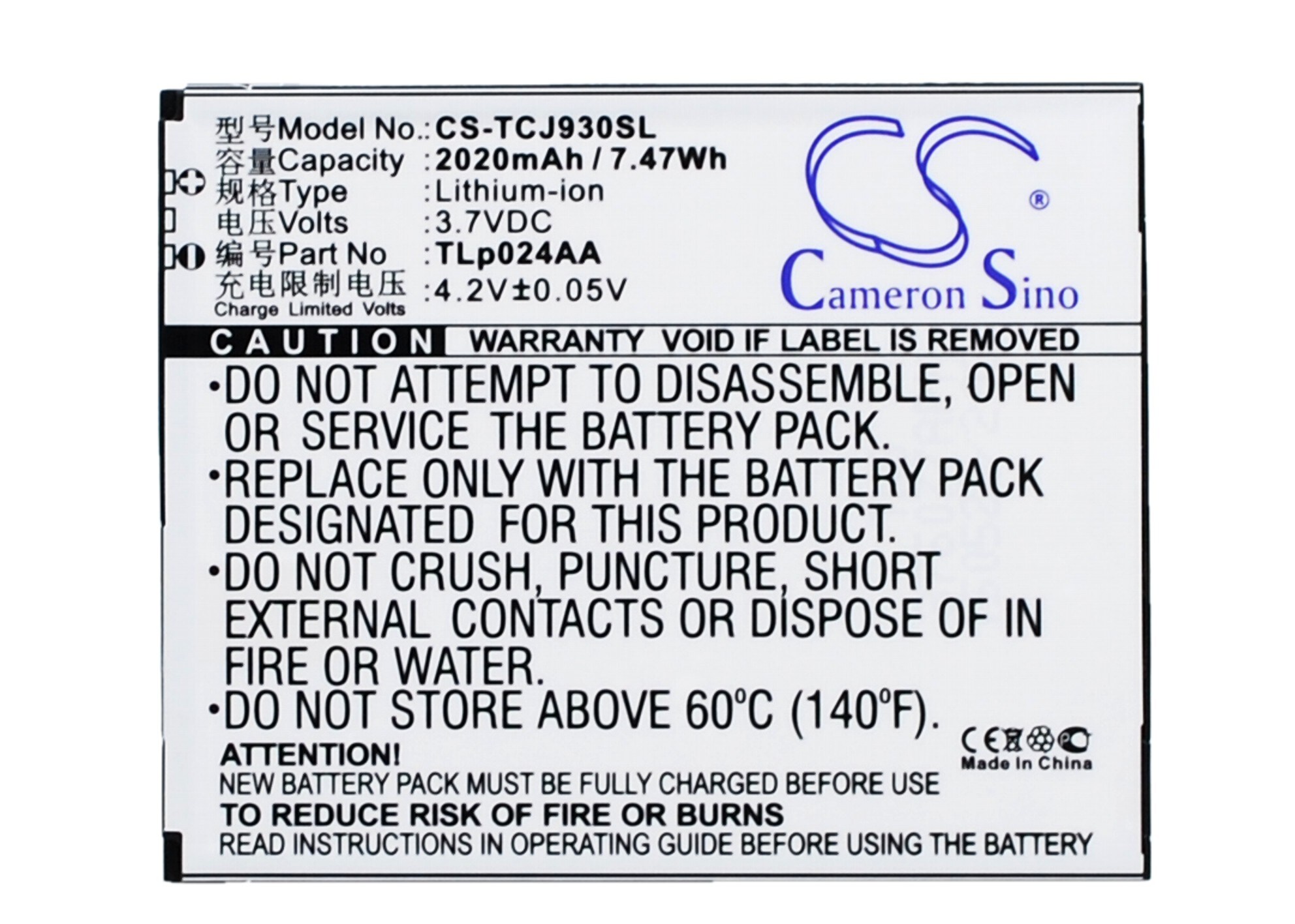 Batteri til mobiltelefon, smarttelefon for TCL J930, J936D, J930T