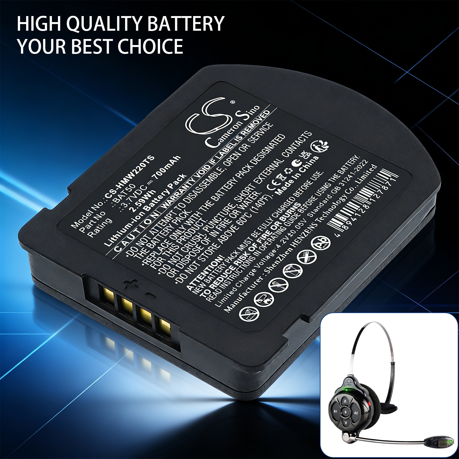 Batteri til trådløst headset for HME 1402, 6200 EOS HD, DX410 beltpacks m.fl.